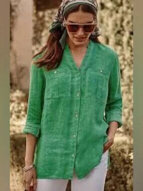 J. Jill Love Linen Garment-Dyed Tunic Green Button up Roll Tab Sleeve Large